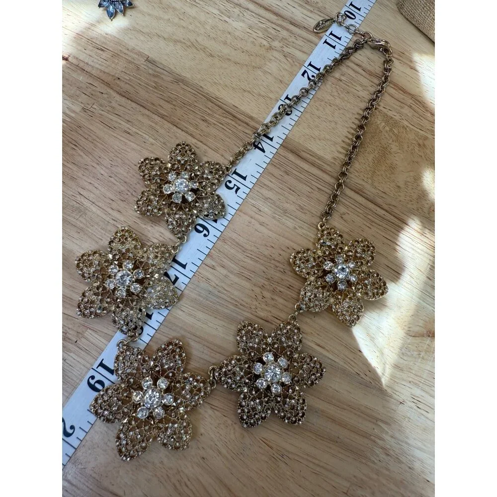 Ann Taylor Gold-Tone Floral Statement Necklace With Crystal Accents Adjustable C - Picture 9 of 11